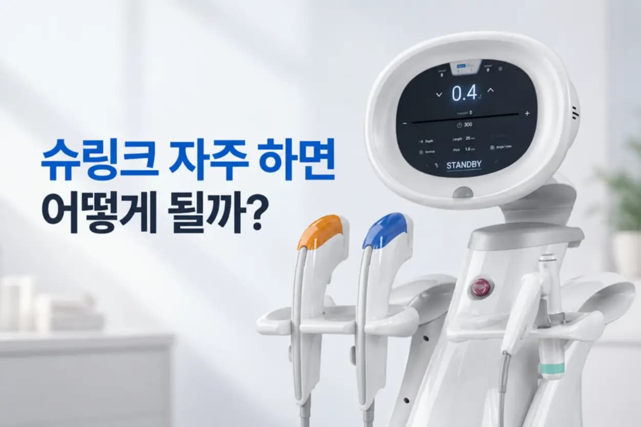 슈링크 핸드피스 팁이 턱선 피부에 닿고 초음파 열응고점 확대 인셋을 더한 반복 간격 썸네일
